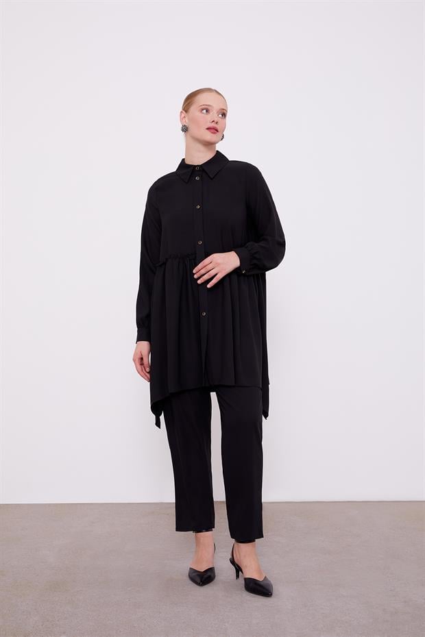 Siyah Pile Detaylı İkili Takım