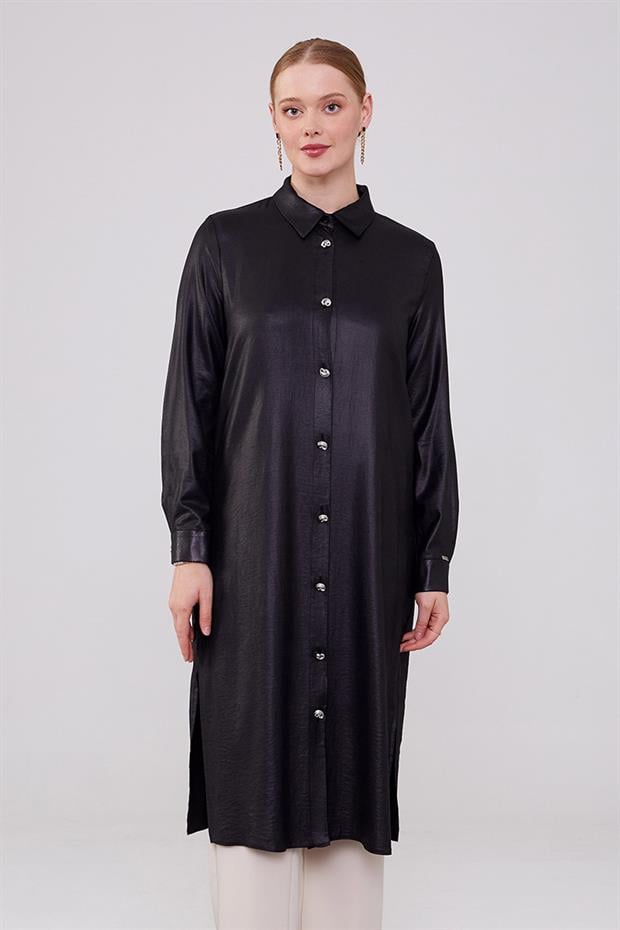 Siyah Gömlek Yaka Aerobin Kumaş Tunik