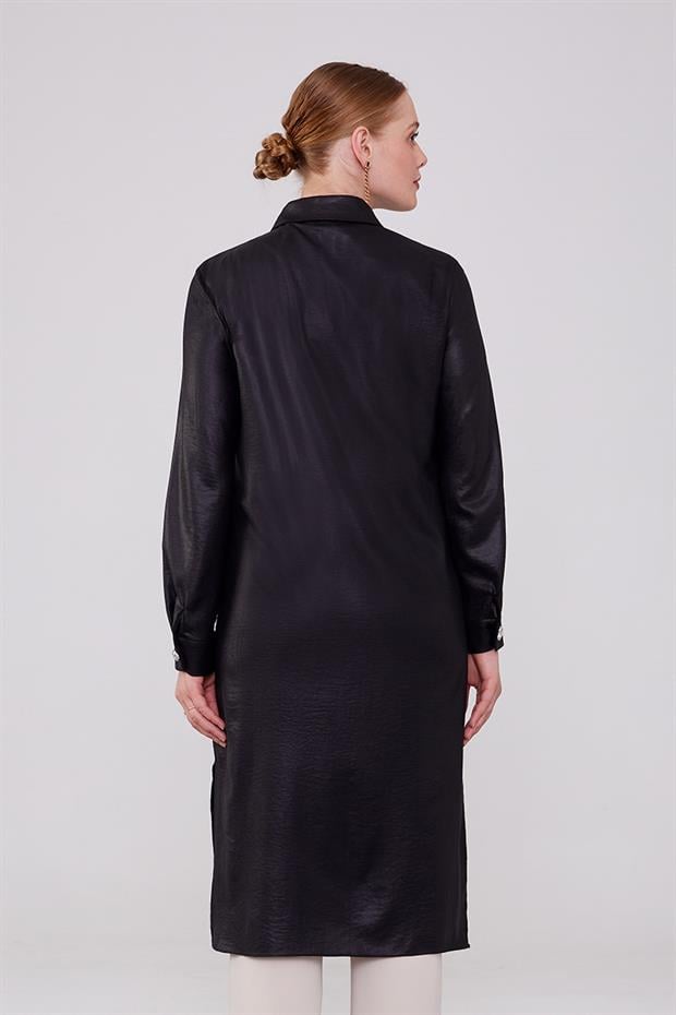 Siyah Gömlek Yaka Aerobin Kumaş Tunik