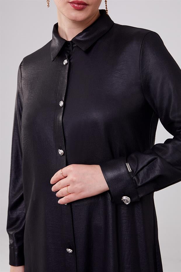 Siyah Gömlek Yaka Aerobin Kumaş Tunik