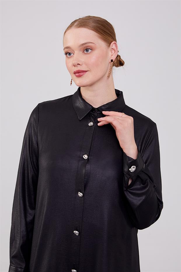 Siyah Gömlek Yaka Aerobin Kumaş Tunik