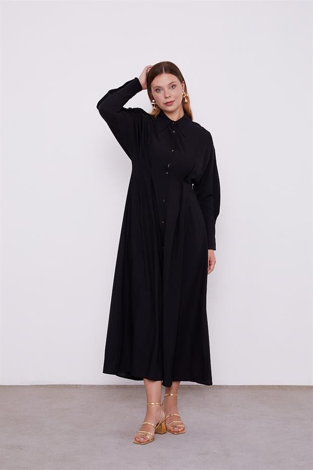 Siyah Gömlek Yaka Belden Oturmalı Elbise