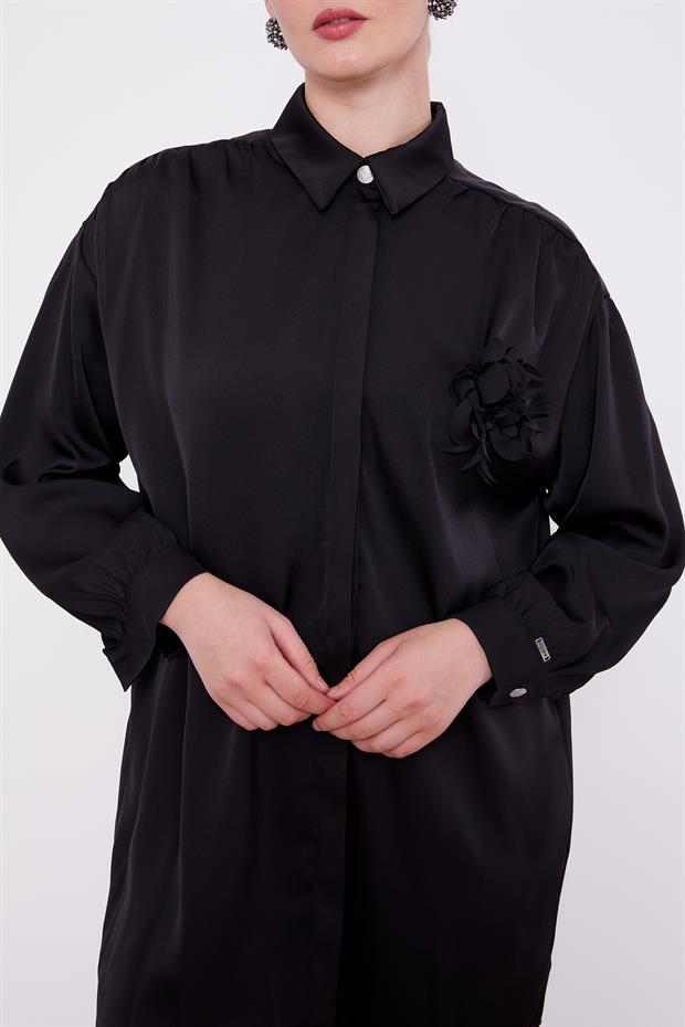 Siyah Gül Broşlu Saten İkili Takım