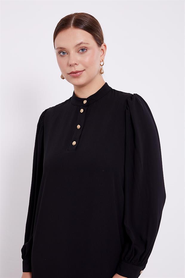 Siyah Hakim Yaka Eteği Piliseli Şifon Elbise