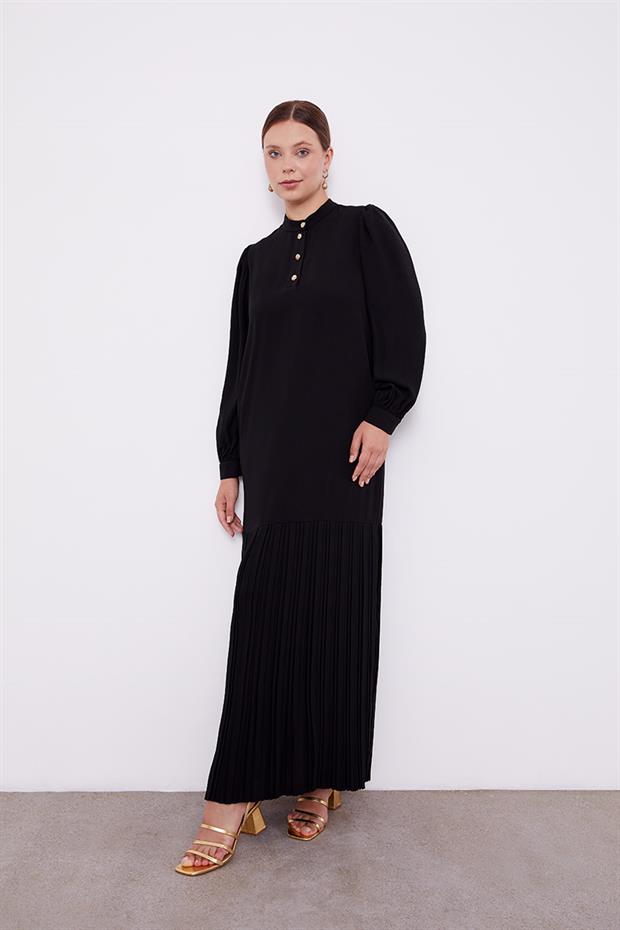Siyah Hakim Yaka Eteği Piliseli Şifon Elbise