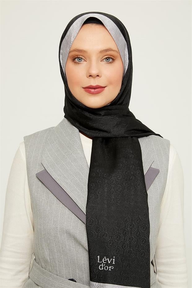 Siyah Halka Desen Monogram Şal