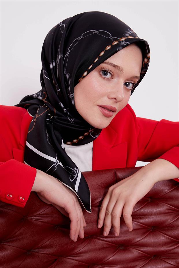 Siyah İnci Desen Twill Ipek Eşarp