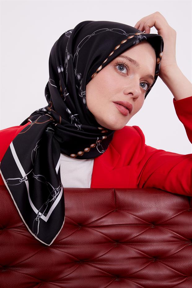 Siyah İnci Desen Twill Ipek Eşarp
