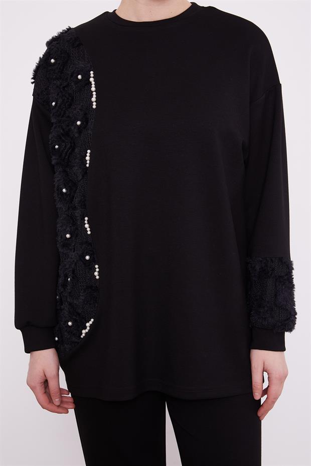 Siyah İşlemeli İnci Detaylı Spor Takım