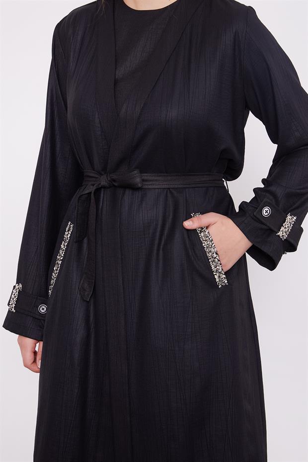 İşlemeli  Melanj Kimono Üçlü Takım Siyah