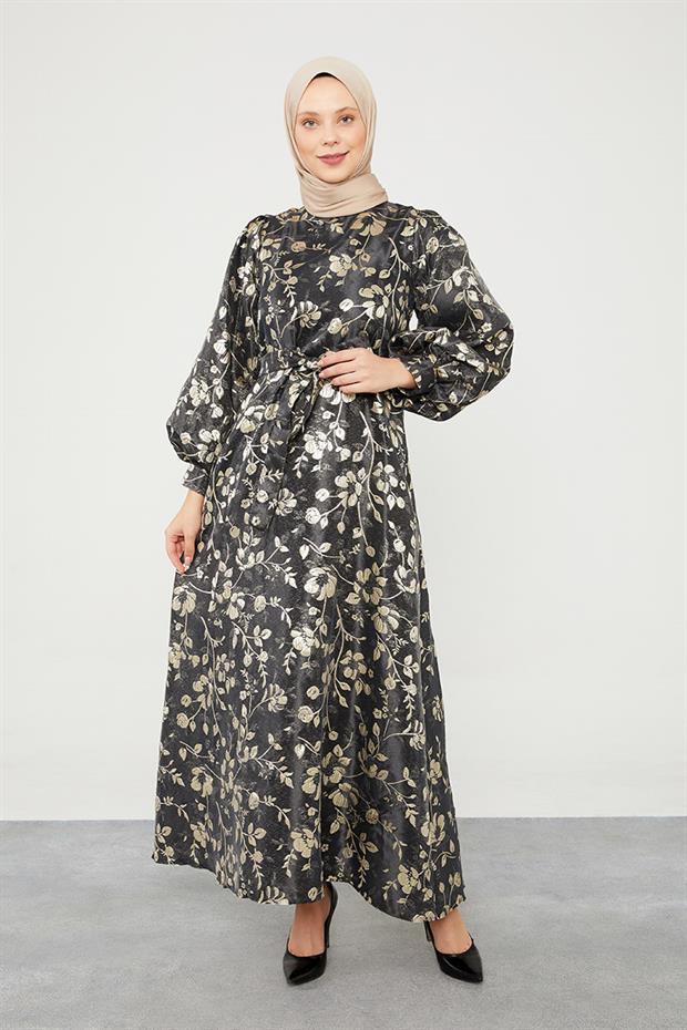Siyah Jakarlı Balon Kol Elbise