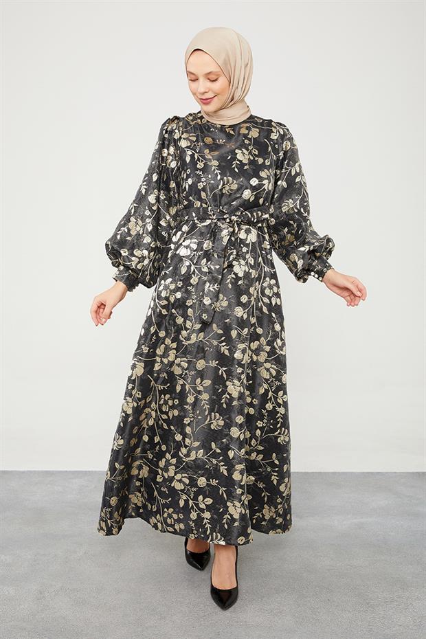 Siyah Jakarlı Balon Kol Elbise