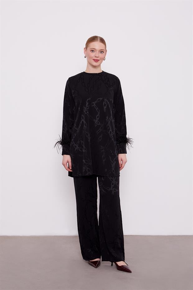 Siyah Jakarlı Zincir Desen İkili Takım