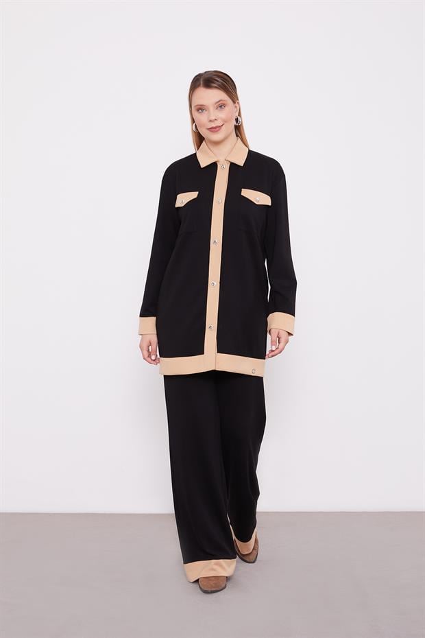 Siyah - Koyu Bej Düğme Detaylı Pantolon Takım