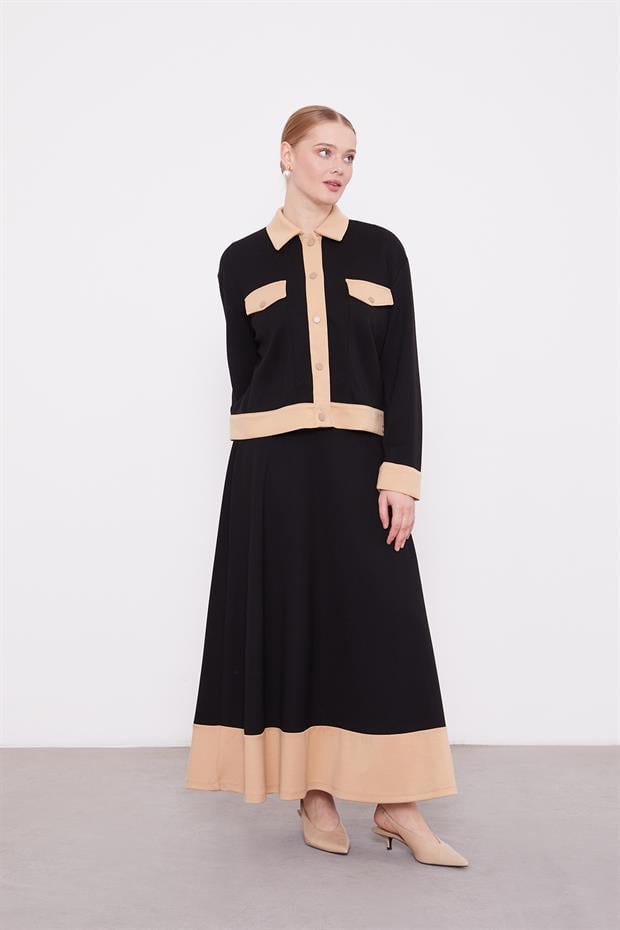 SİYAH-K.BEJ Gömlek Yaka Çıtçıtlı Etekli Takım