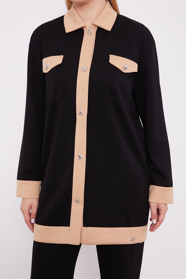 Siyah - Koyu Bej Düğme Detaylı Pantolon Takım