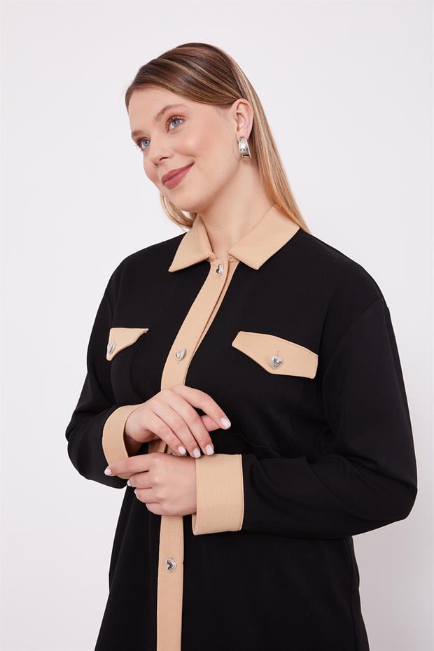 Siyah - Koyu Bej Düğme Detaylı Pantolon Takım