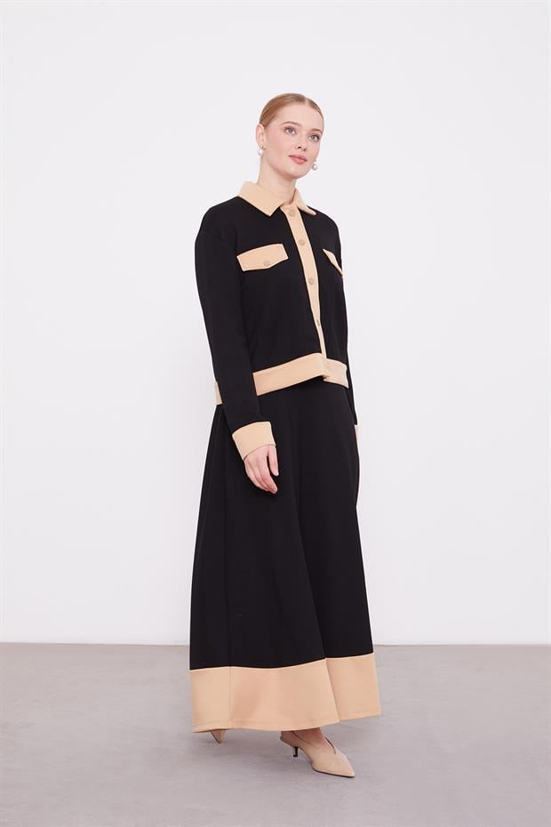 SİYAH-K.BEJ Gömlek Yaka Çıtçıtlı Etekli Takım