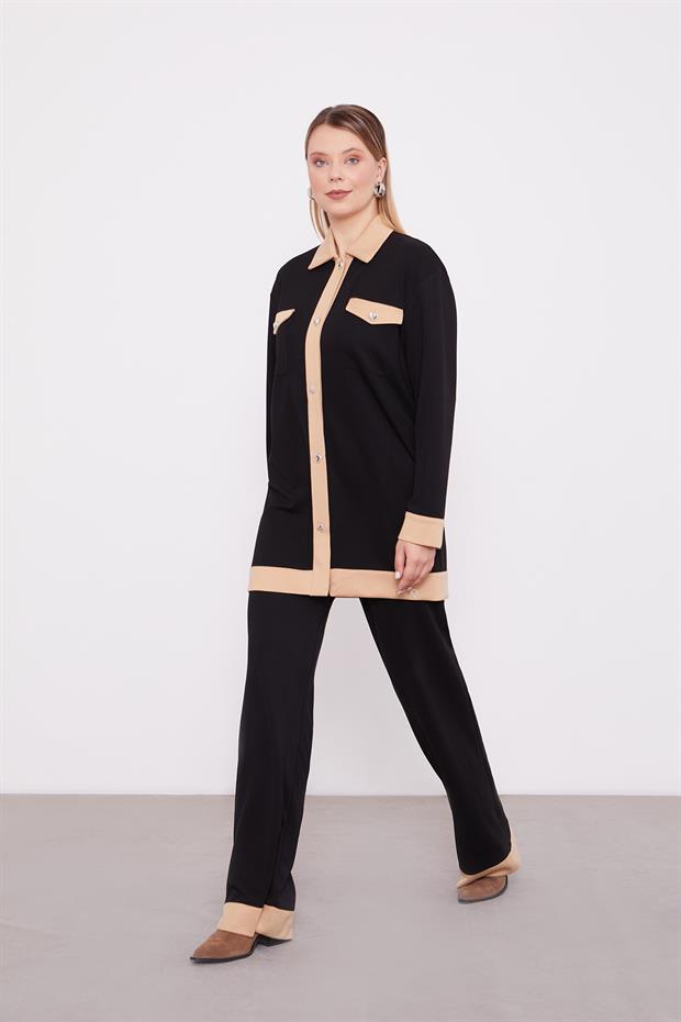 Siyah - Koyu Bej Düğme Detaylı Pantolon Takım