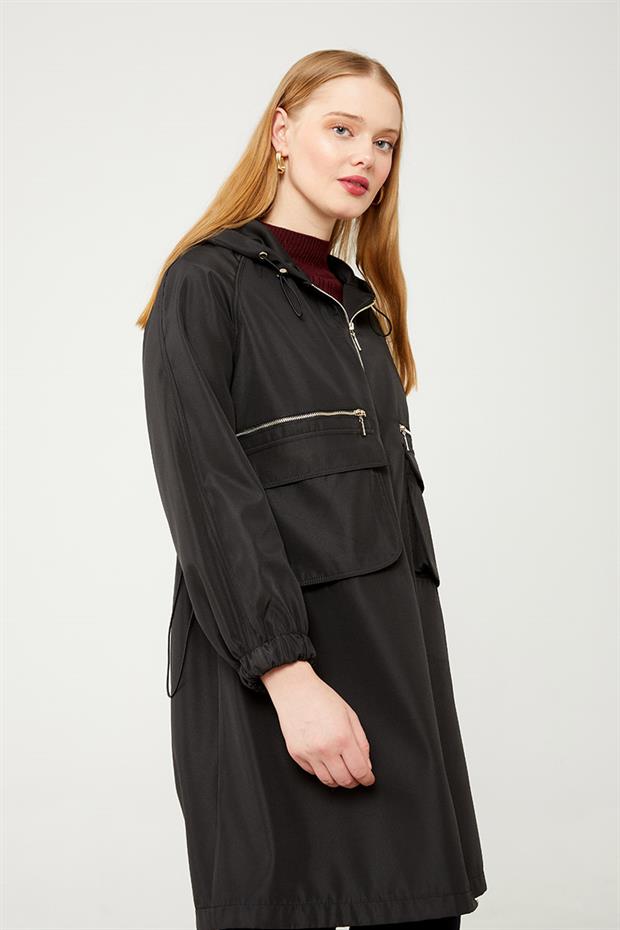 Siyah Kapüşonlu Fermuar Kapama Trençkot