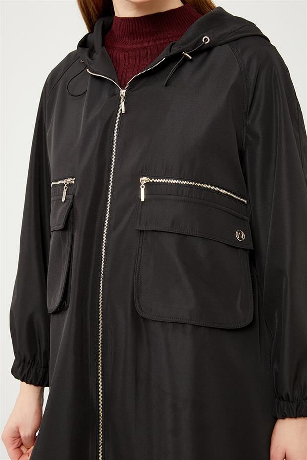 Siyah Kapüşonlu Fermuar Kapama Trençkot