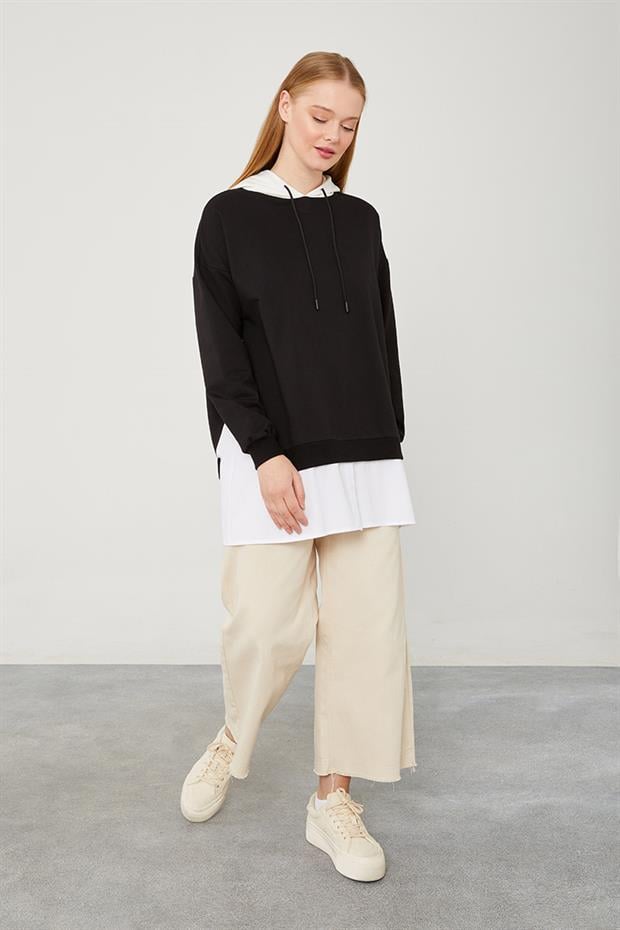 Siyah Kapuşonlu Gömlek Detaylı Sweat
