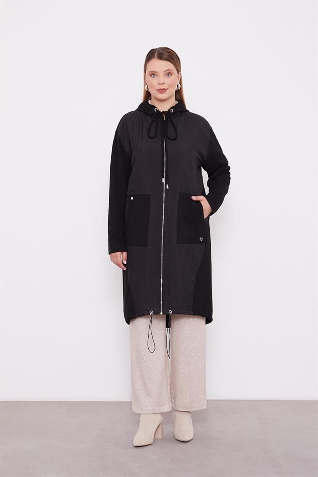 Siyah Kapüşonlu Kapitone Kap