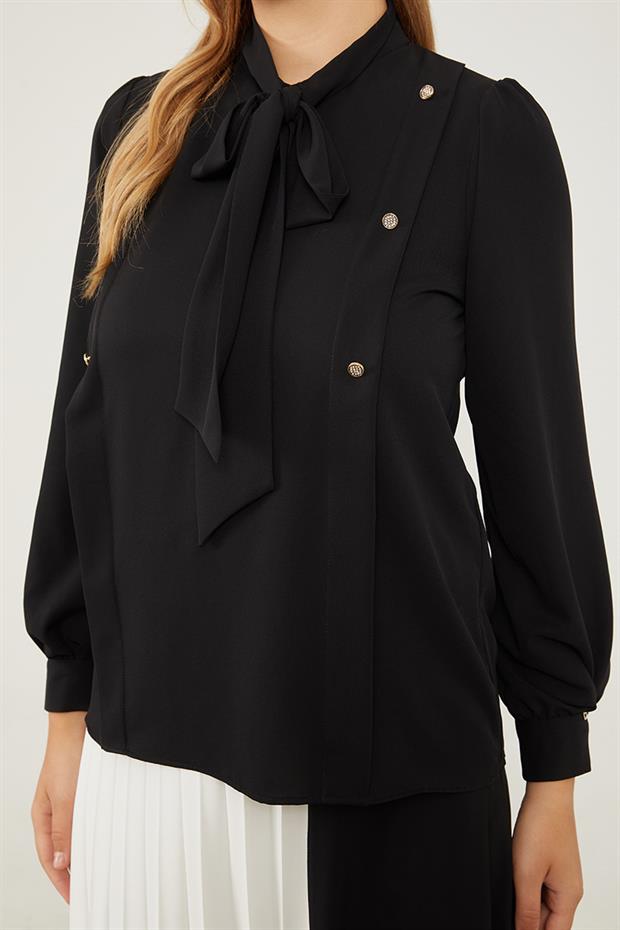 Siyah Kendinden Fular Bağlamalı Şifon Bluz