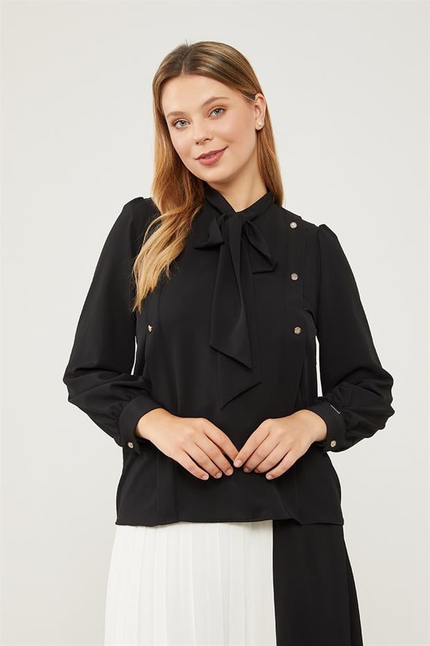 Siyah Kendinden Fular Bağlamalı Şifon Bluz