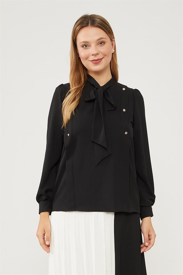Siyah Kendinden Fular Bağlamalı Şifon Bluz