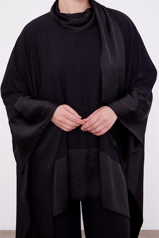 Siyah Kendinden Şal Detaylı Tunik Takım