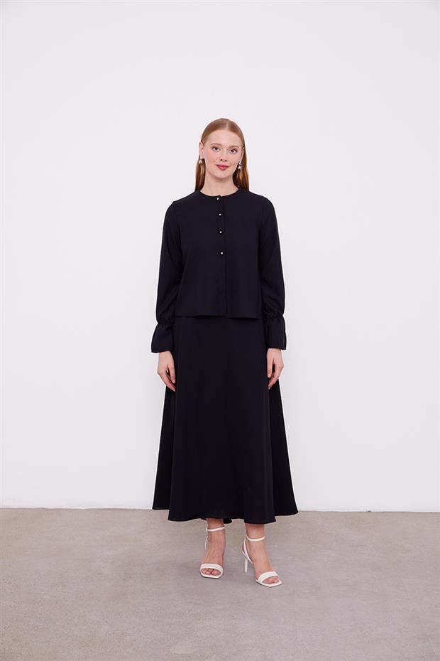 Siyah Kısa Şifon Gömlekli Etek Takım