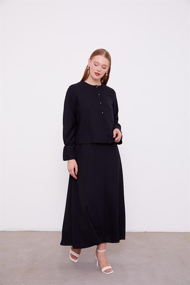 Siyah Kısa Şifon Gömlekli Etek Takım