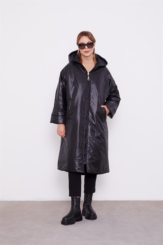 Siyah Kolları Ribana Detaylı Uzun Mont