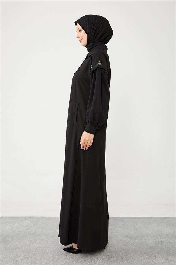 Siyah Kolları Taş Detaylı Ferace