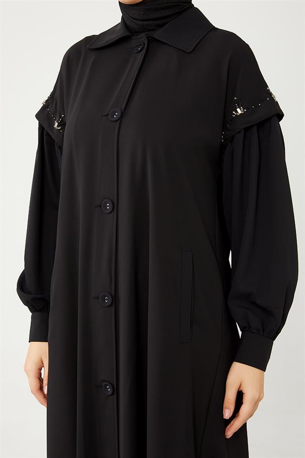 Siyah Kolları Taş Detaylı Ferace