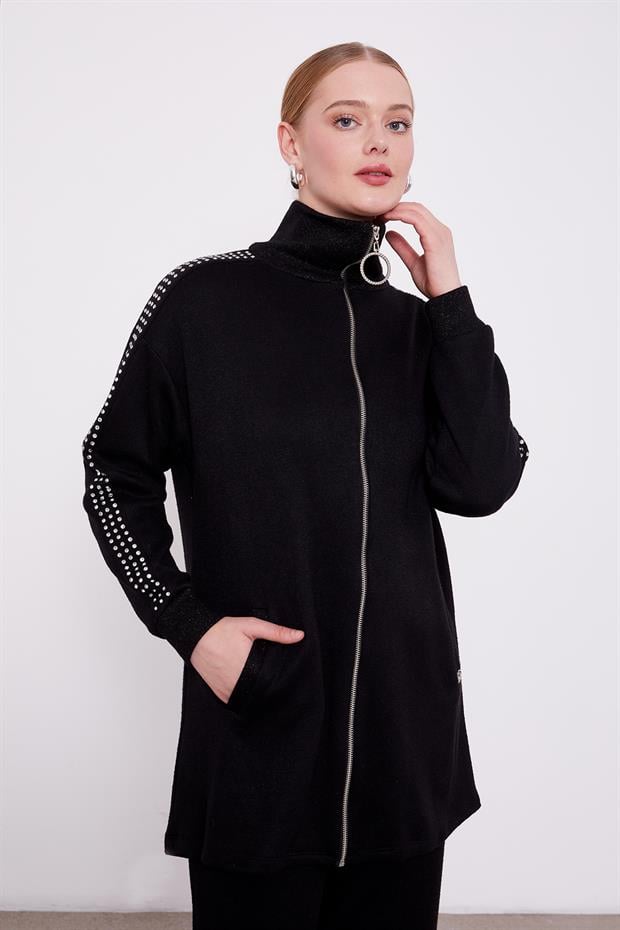 Siyah Kolları Taş İşlemeli Kaşmir İkili Takım