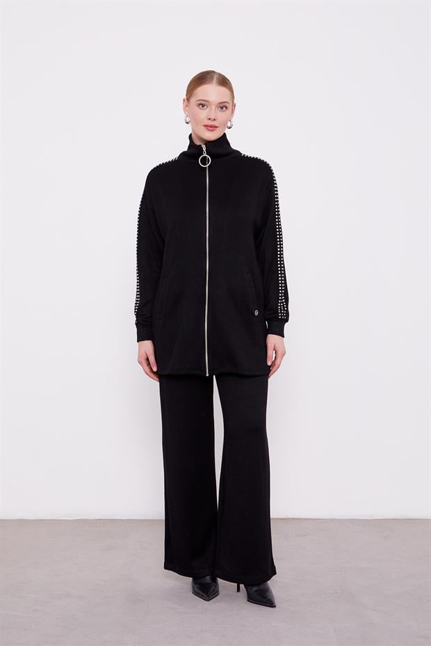 Siyah Kolları Taş İşlemeli Kaşmir İkili Takım