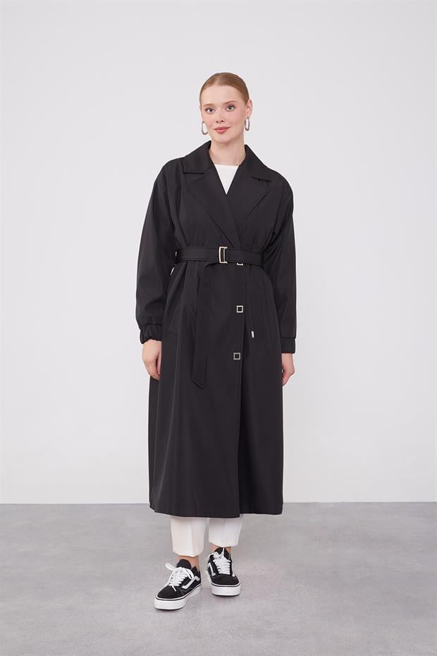 Siyah Kolu Lastik Detay Trençkot