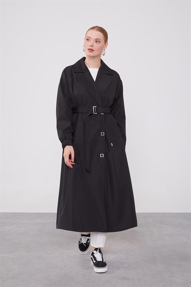 Siyah Kolu Lastik Detay Trençkot