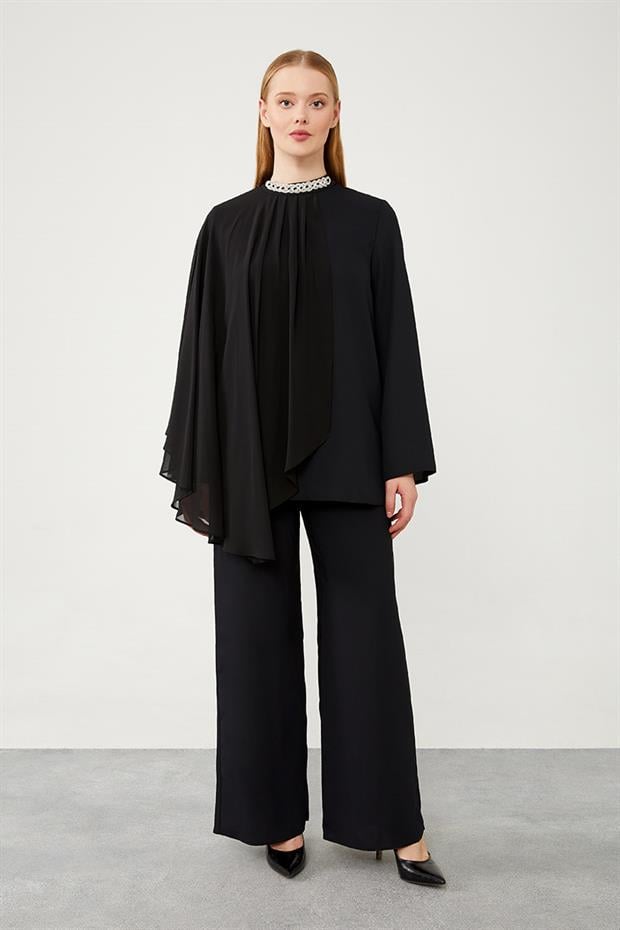 Siyah Kolyeli Şifon Tüllü Pantolonlu Takım