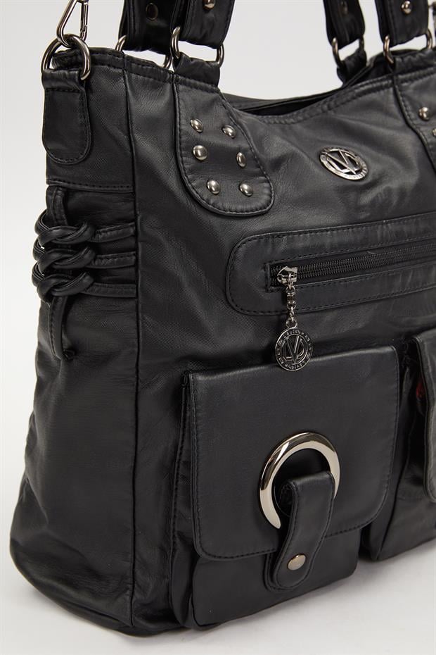 Siyah Kuş Gözü Detaylı Omuz Çantası