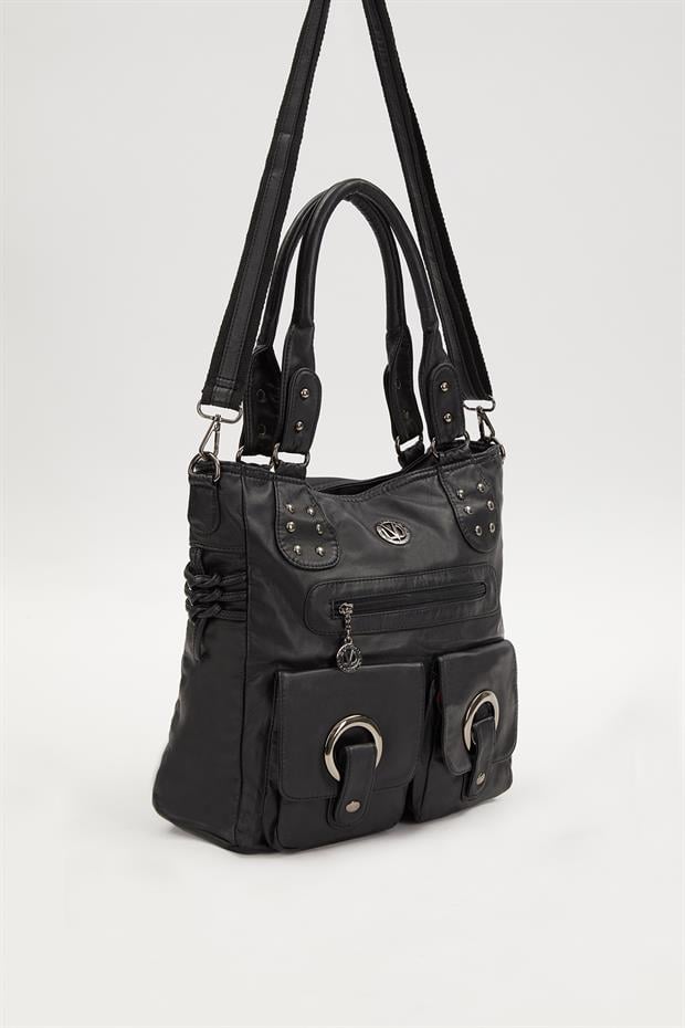 Siyah Kuş Gözü Detaylı Omuz Çantası