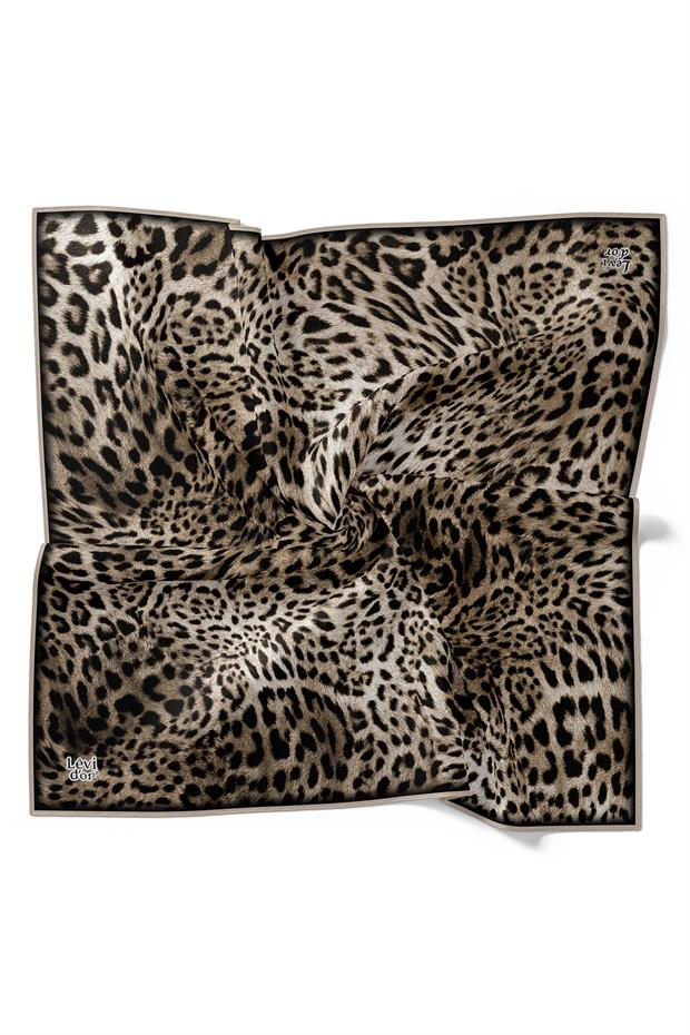 Siyah Leopar Desen Twill Ipek Esarp