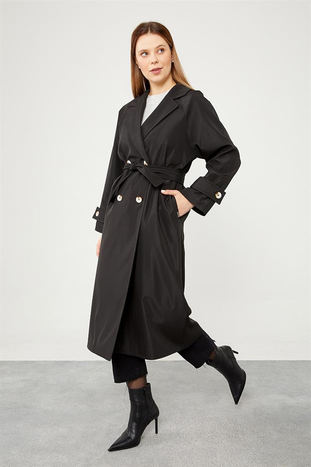 Siyah Midi Boy Kuşaklı Trençkot