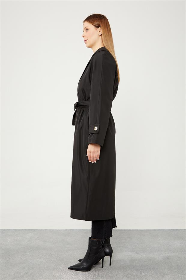 Siyah Midi Boy Kuşaklı Trençkot