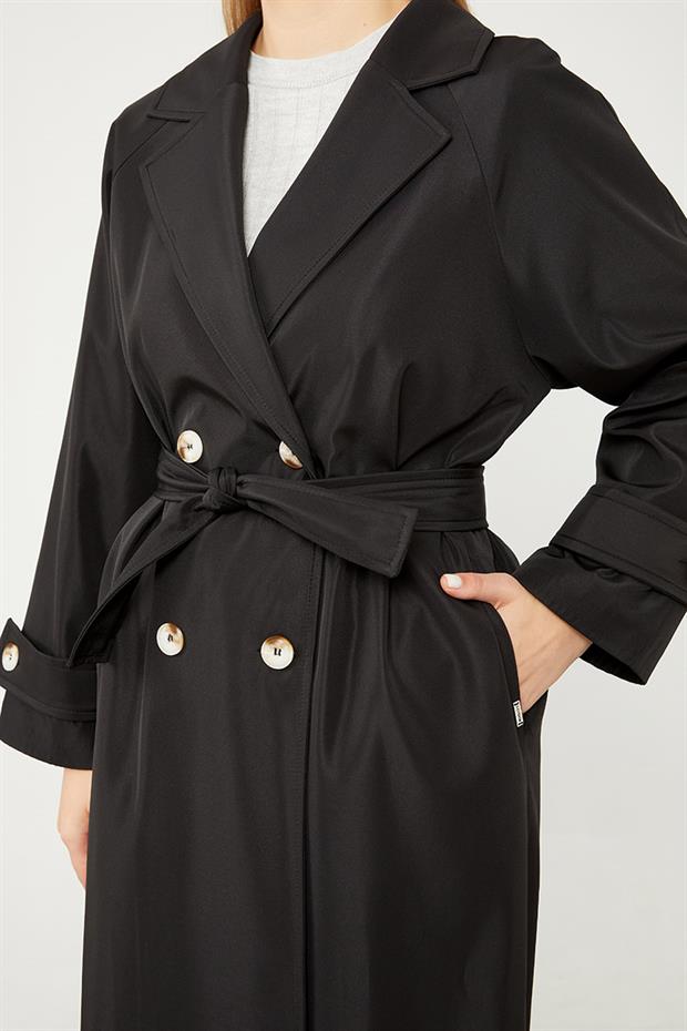 Siyah Midi Boy Kuşaklı Trençkot