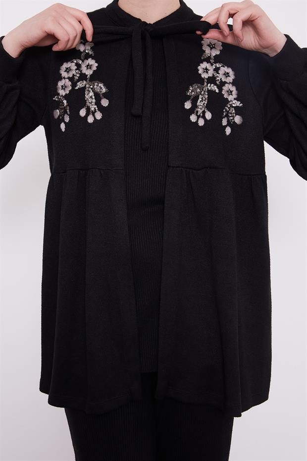 Siyah Nakış İşleme İçlikli Üçlü Takım