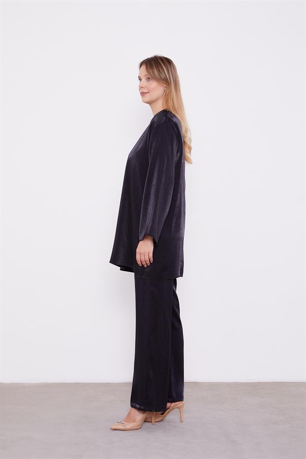 Siyah Omuz İşlemeli Saten İkili Takım