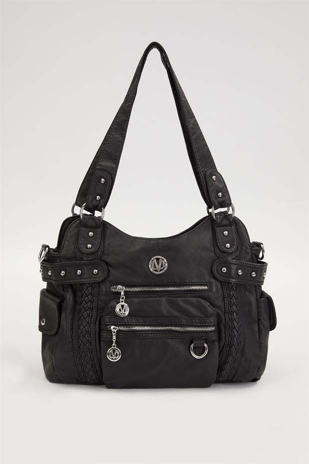 Siyah Çok Bölmeli Örgü Detay Omuz Çantası